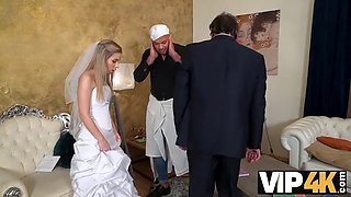 VIP4K. Psychologist sits and watches as the bride has a sexual experience in her wedding dress
