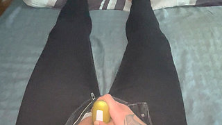 Close-up foot fetish wet tight wet pussy gets satisfied with golden vibrator to intense climax trembling twitching moaning horny