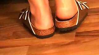 Gold Sandals Dangling Tease - Bare Soles in Focus