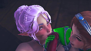 Two Elves Suck a Big Devil's Cock