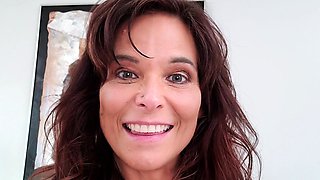 Big tit amateur brunette fucks a dildo close up and hardcore