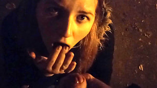 Collegegirl sucked on the street near the house and got cum in her mouth