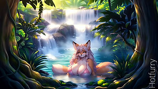 Furry beautiful girls relax in water near waterfall (Ai models)