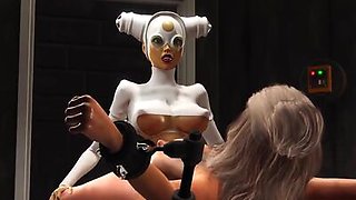 3d sexy dickgirl bangs a hot young blonde in restraints in the sci-fi lab