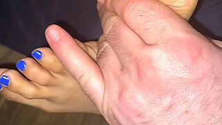 Naelor Massaging Melove's Feet and long sexy toes in blue nail polish