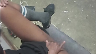 Black petite school girl plays pussy on chair , then grinds her ass on the teacher's cock