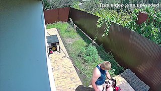 Caught In Front Of A Security Camera. Busty Girl Sucks Boyfriend In My Backyard!