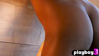 Curly ebony cougar model dancing naked
