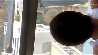 Slutty young woman kneeling in the bathroom with rough licking
