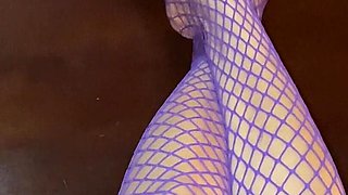 Really Sexy Legs with Tiny Feet with Long Toes in Purple Fishnet Stocking
