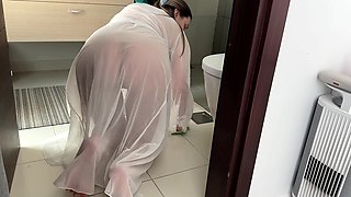 Stepmom Cleans the Bathroom in Her Sheer Dress. Slowly