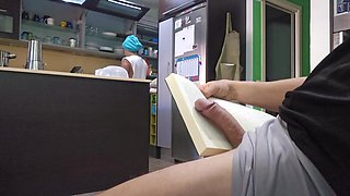 He takes out his big dick in the kitchen