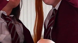 Ellie & Victoria Milk a Guys Cock and Get Their Uniforms Covered in Cum