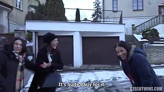 Lesbian party with a huge cucumber: Babe, Brunette  Threesome Porn