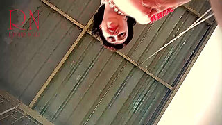Beutiful lady swinging without panties on a swing outdoors. Slow motion 127 f