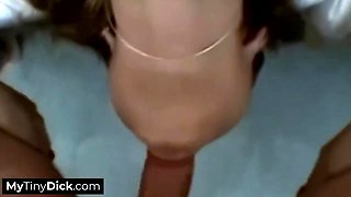 A Sexy Brunette Teen 18+ Is Slurping On His Small Cock