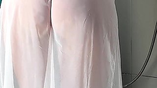 Stepmom Cleans the Bathroom in Her Sheer Dress. Slowly