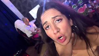 Unfaithful woman cheated on her at a party with two guys in front of her cuckold - he had to lick her cum