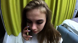 Small tit brunette gives a nice hard blowjob and fuck