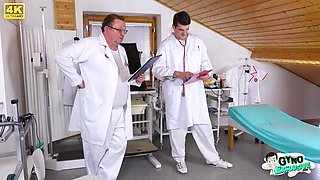 Filthy bitch Sharlotte Thorne examined and made to cum by 2 perverted doctors