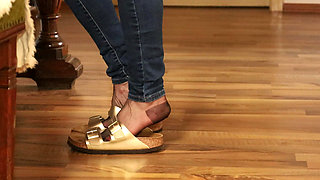 Nylons & Tight Jeans - Dangling in Classic Sandals