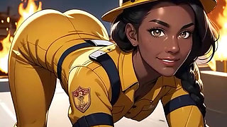 Slutty FireFighter fucks dirty cock outside the fire truck