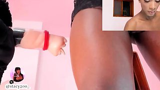 Tattood shemale tranny plays with ass during masturbation