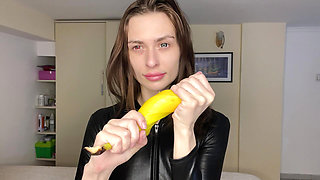 Latex Fetish Tease - Crushing Oiled Banana POV
