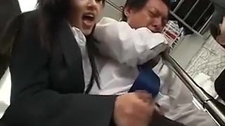 horny Japanese girl sexual harassment to a man on train