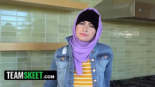 Arab tramp with hijab jacks for her boyfriend and then gets on her knees & guzzles his manhood