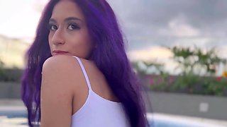 Gorgeous babe with purple hair and natural tits having fun