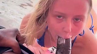 Amateur blonde sucking and fucking big black cock outdoors