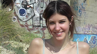 Cute 18 Years Brunette Shows Hairy Pussy at Beach