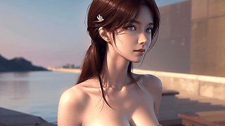 Anime babe teases her big boobs, rides a cock and takes a cumshot
