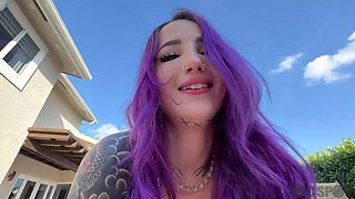 Purple hair cutie is a sexy freak and takes a big cock pounding outdoors - Valerica Steele