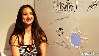Lewd teen with dimples Eliza Ibarra gives an interview in the glory hole room