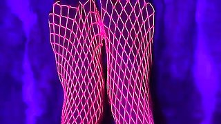 Pink neon fishnet on sexy small Asian feet with long toes