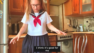 Young Beauty in Japanese College Uniform Masturbates in the Kitchen and Chats with You