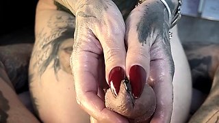 MILF Penetrates Pierced Cock with Her Long Nails, Handjob BDSM Femdom