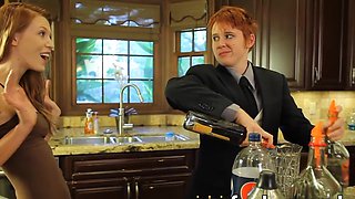 Busty redhead high on XXX-rated porn after winning hefty at undress poker with her lesbo chicks, heading out for a fucky-fucky with her butler!