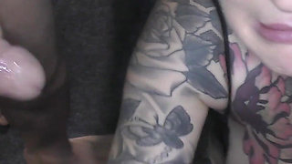 Hot Babe with an Amazing Tattoed Body Enters a Bukkake Party