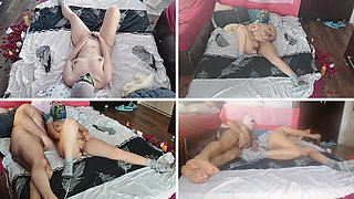 Sensual massage of a hot couple with oil on the body. Foreplay in the bedroom with an amateur couple.