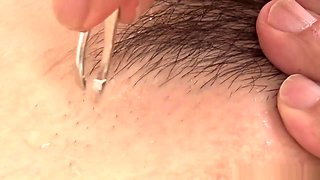 Lucky stud in a raunchy pussy shaving session indoors