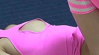 Pink Sexy Mini Dress and Red Micro Thong Panties Wedgie Ass and Pussy, Natural Boobs Japanese Girl Sexy Workout Tease
