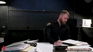 Heavy-Breasted shemale cop ass fucking fucks man in evidence room