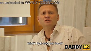 Naughty stepdaughter gets her shaved pussy fucked by her daddy while he watches in awe