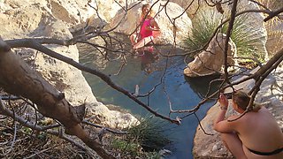 Cute sissy Wet Bibe enjoys a romantic bath in steaming springs with her girlfriend