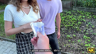 HUNT4K. Naughty girl is showing her natural tits on the street and cheating on her BF