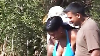 Big boobed black German chick tied and fucked in outdoor threesome