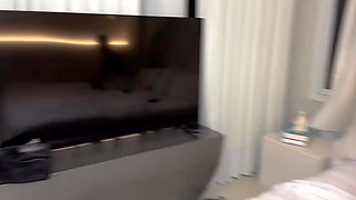 Petite slutty ebony girl calls two muscular white guys with big cocks for a wild MMF threesome with double penetrations and big cumshots